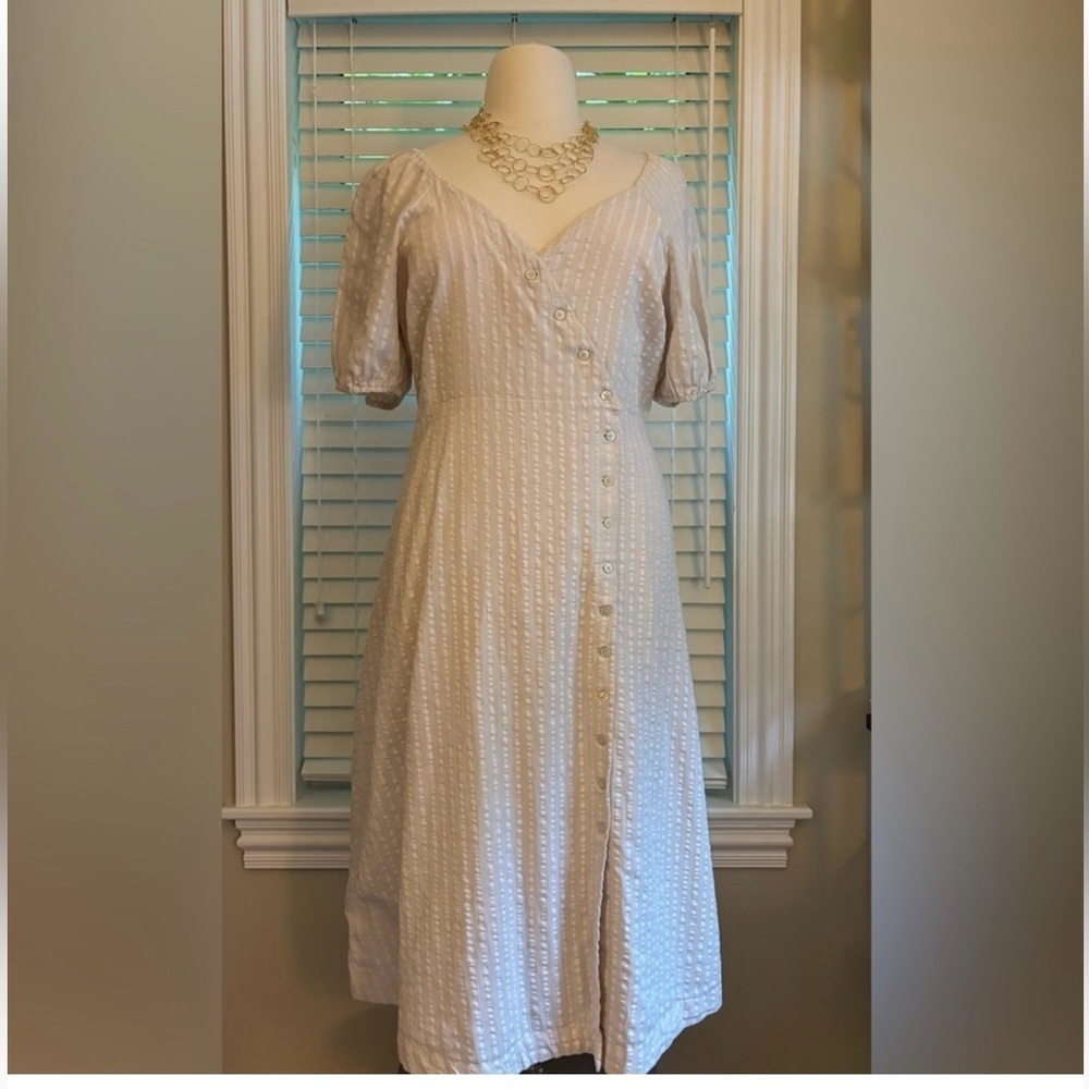 Madewell Womens Cream Midi Dress Puff-Sleeves Button-Wrap Size 10 - Picture 3 of 10
